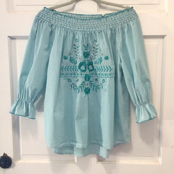 Grand & Greene Womens Green Boho Off The Shoulder Embroidered Top Size Medium - Picture 5 of 7